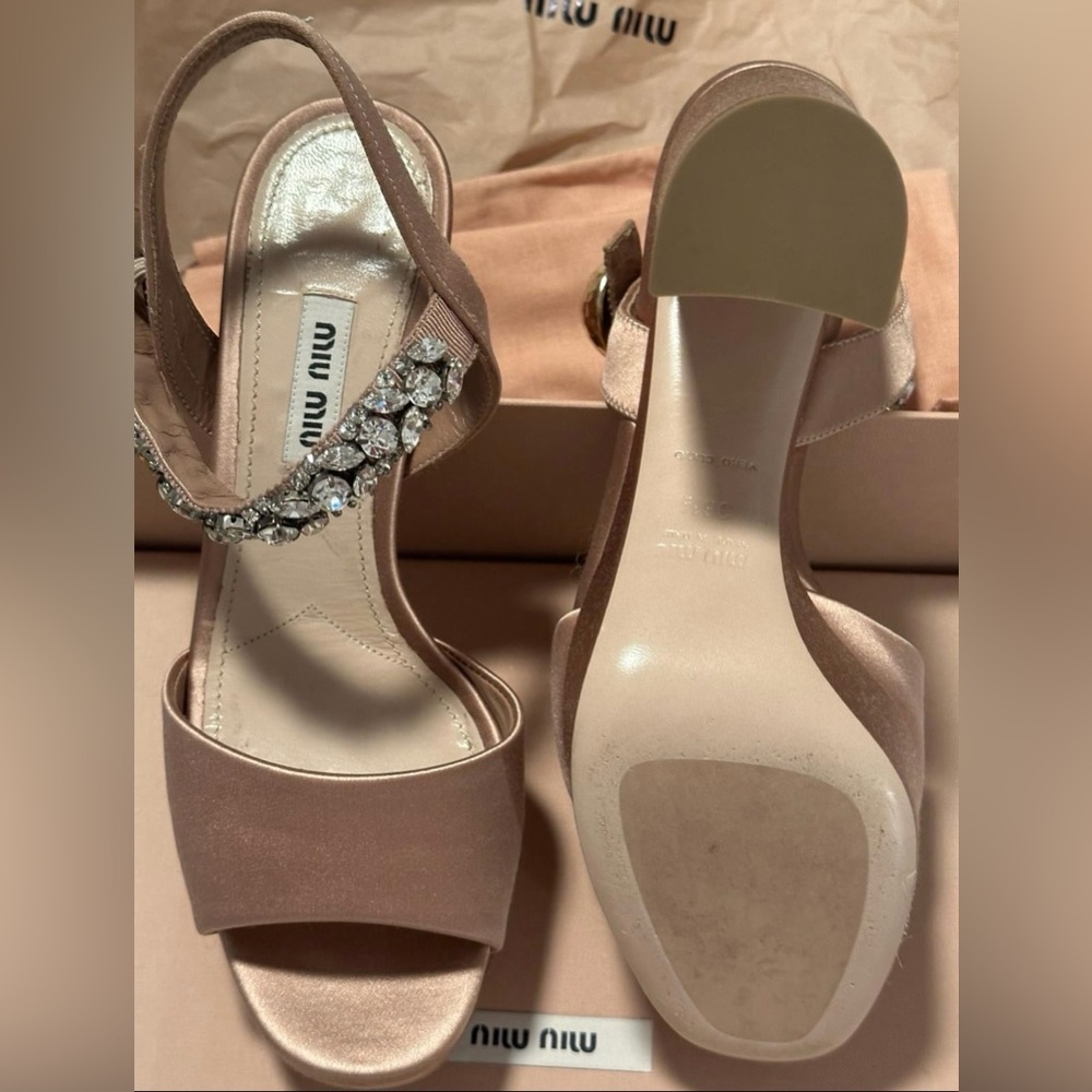 Miu Miu Rose Satin Platform Sandals with Crystal Embellishments
Worn only once. - Picture 3 of 3